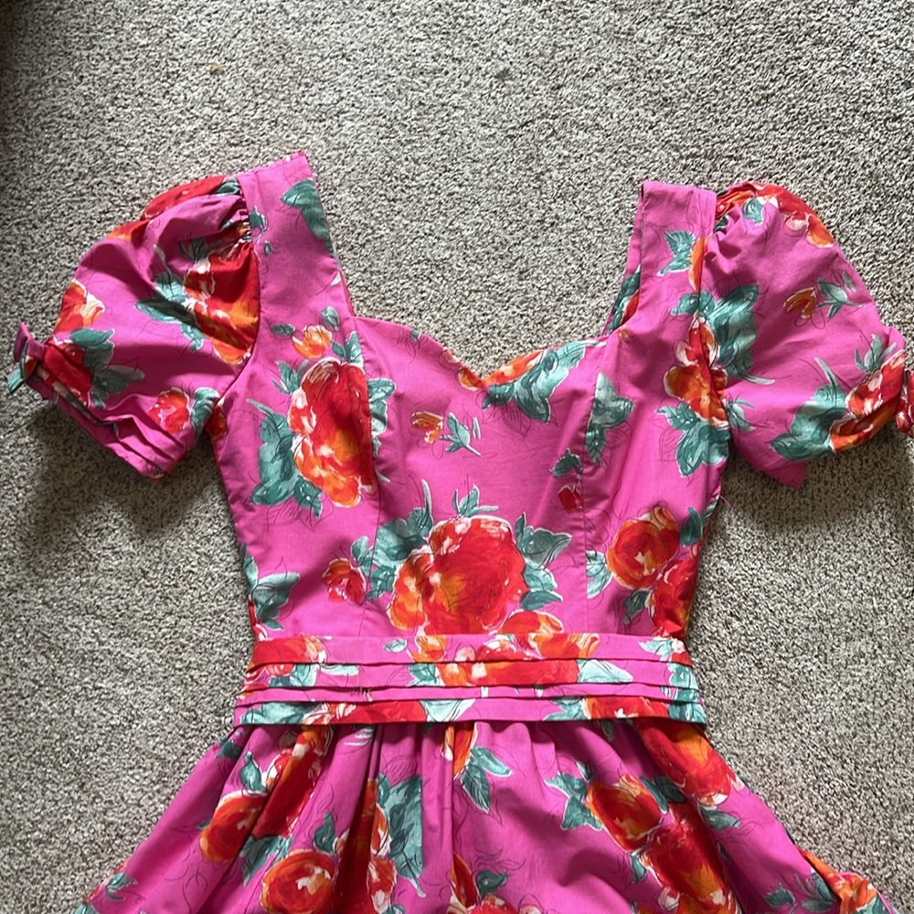 Laura Ashley Vintage 90s Pink/Turquoise/Orange/Red Floral Cotton Dress, Sz. 10